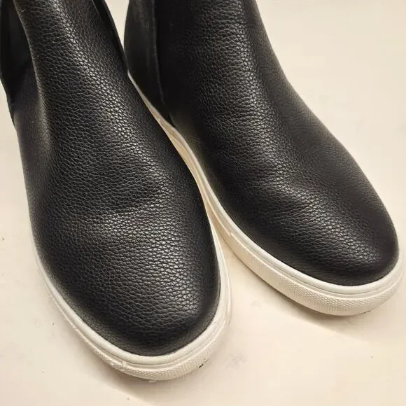 Birdies The Falcon Black Leather Slip-On Sneaker Bootie Hidden Wedge, Size 7.5 - Picture 6 of 13